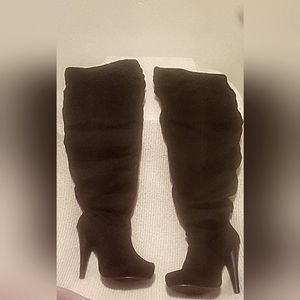 Black thigh high heel suede boots